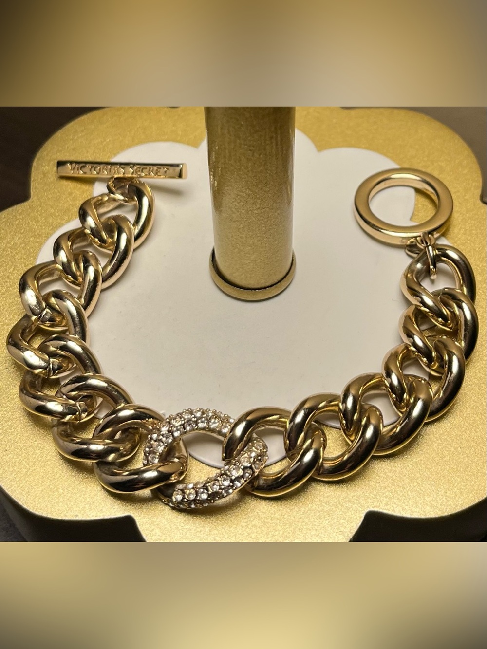 Victoria's Secret Pave Set Crystal Chunky Chain Toggle Bracelet EUC